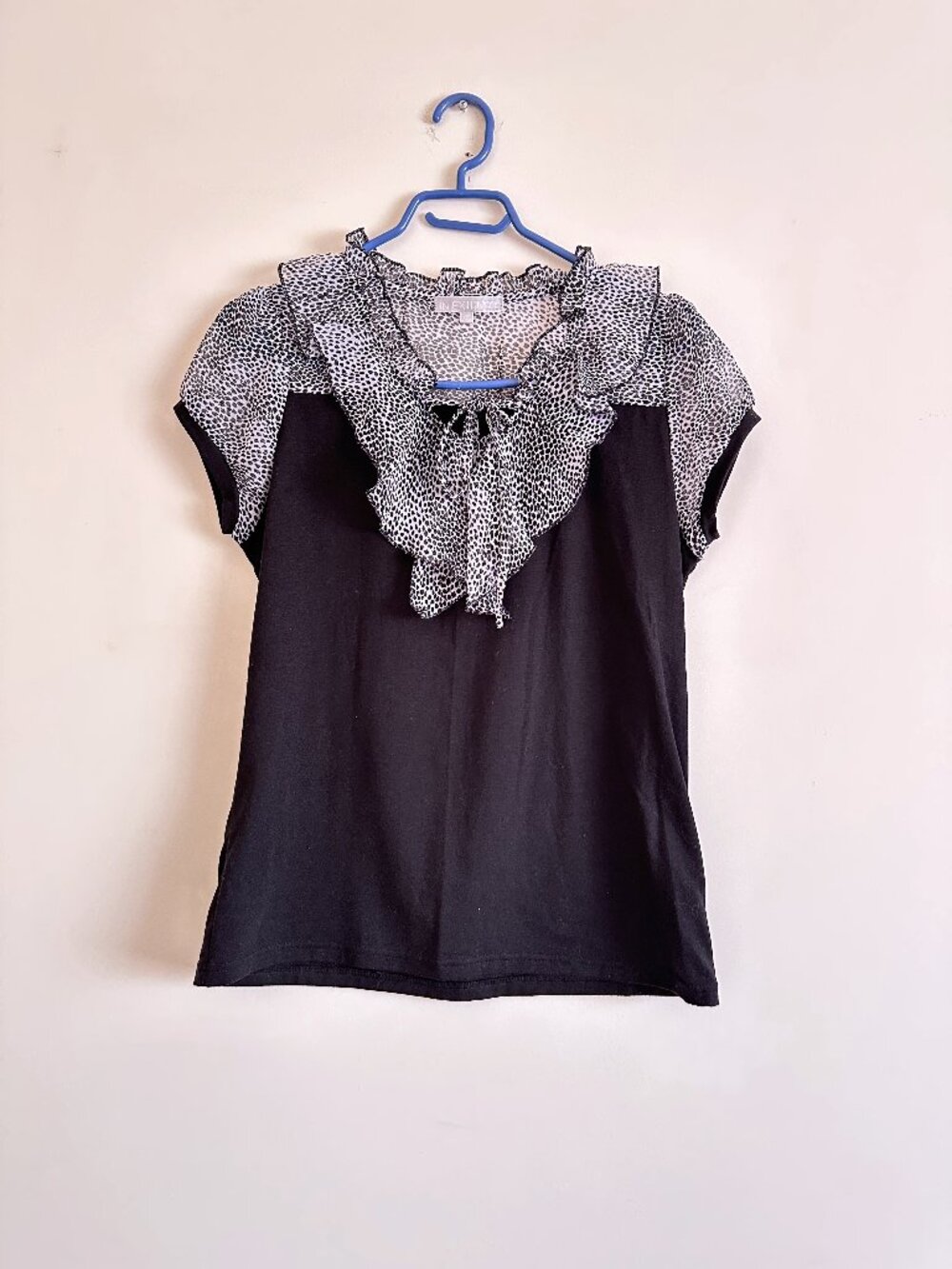 Black and White Short Sleeve Blouse/Top with Animal Print and Ruffle Detail